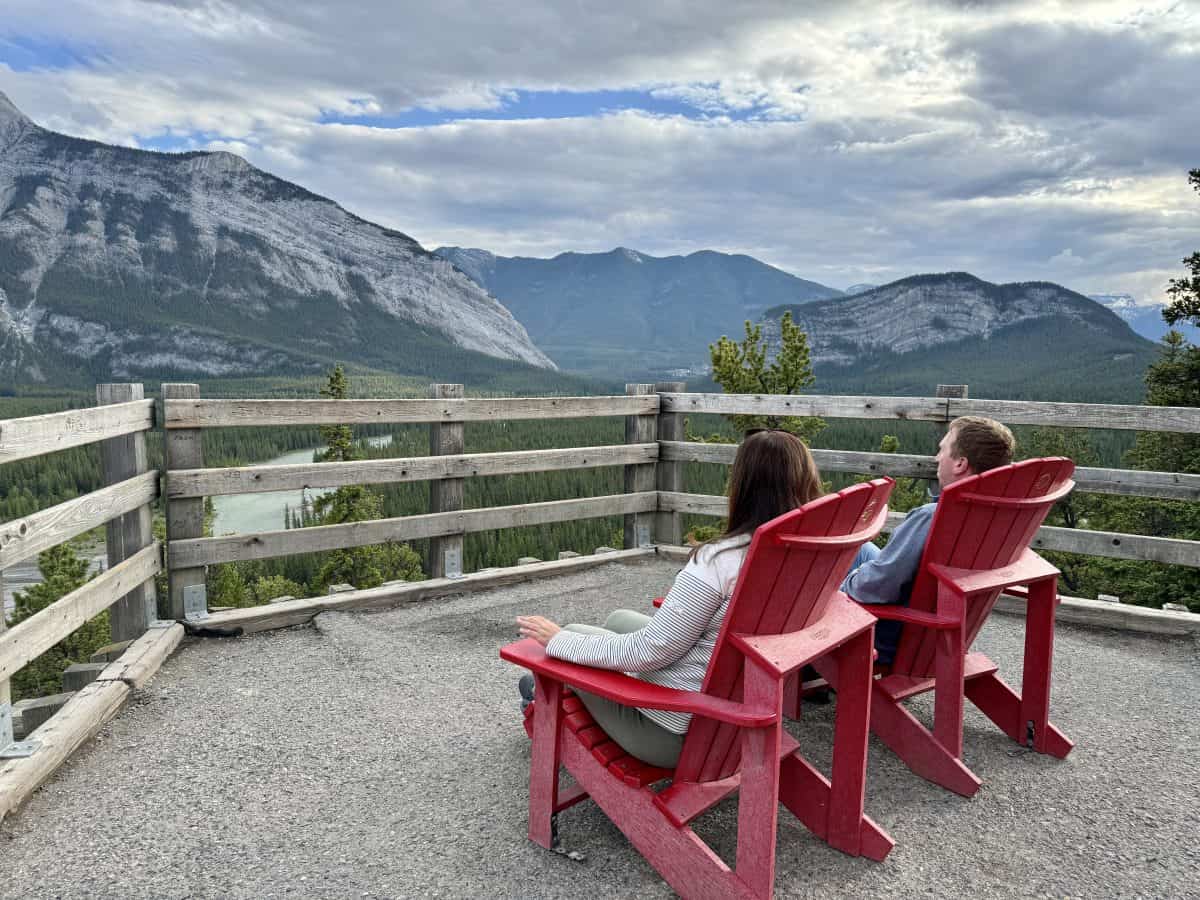 Red chairs overlooking the Bow Valley in Banff Alberta Canada