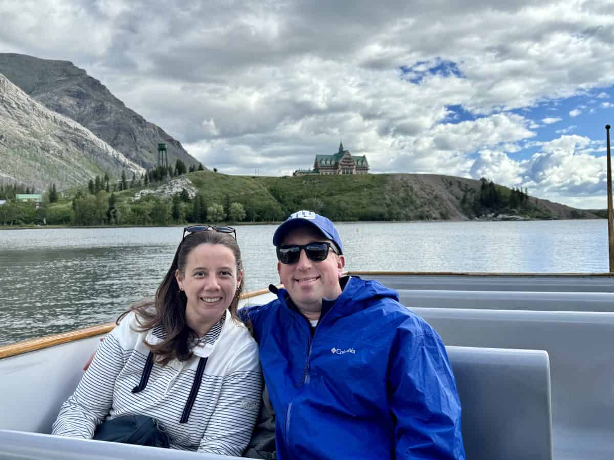 view of Prince of Wales Hotel from the water in Waterton Lakes National Park in Alberta, Canada