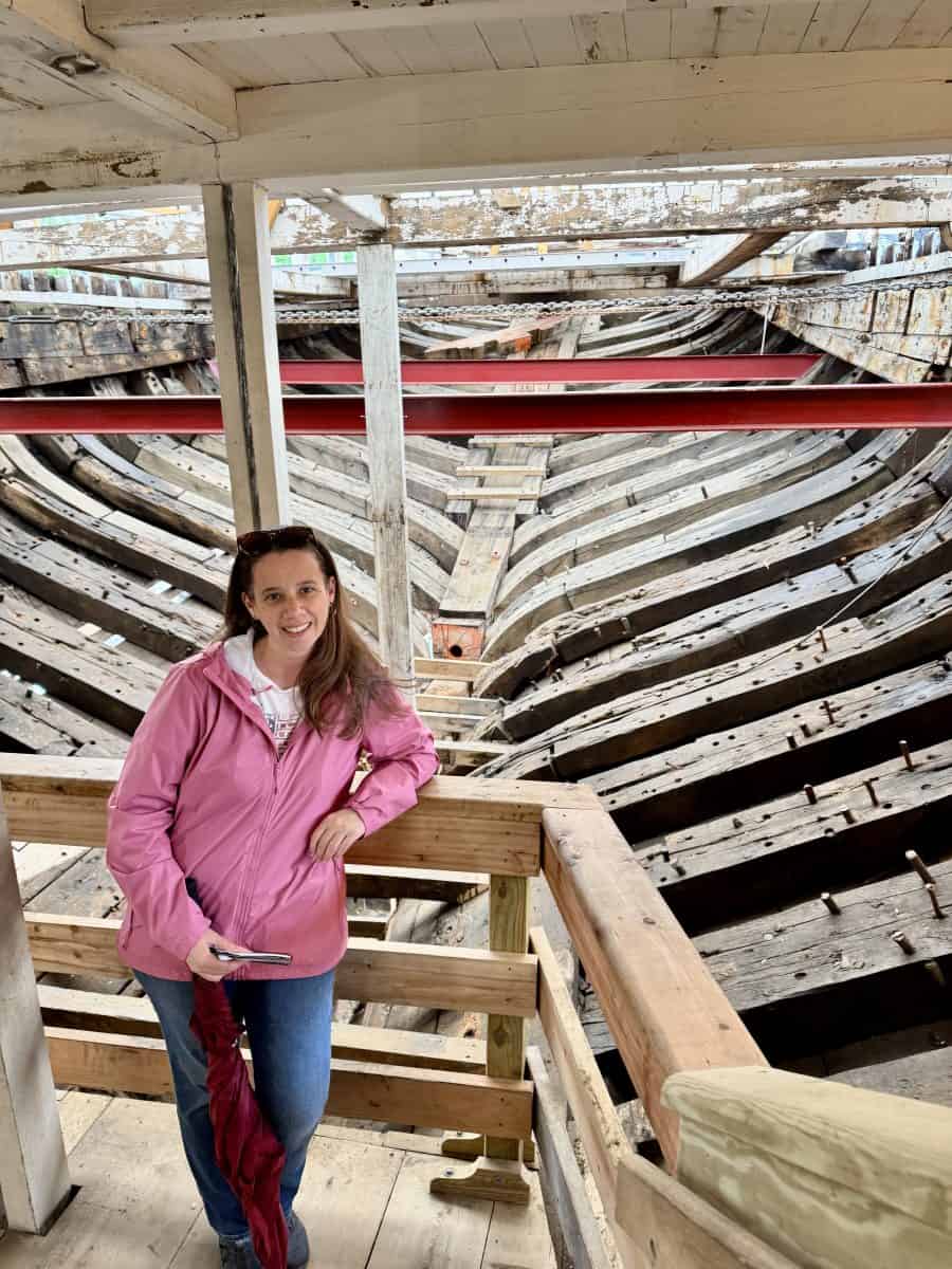 standing inside the hull of the LA Dunton at Mystic Seaport Museum in Mystic, CT