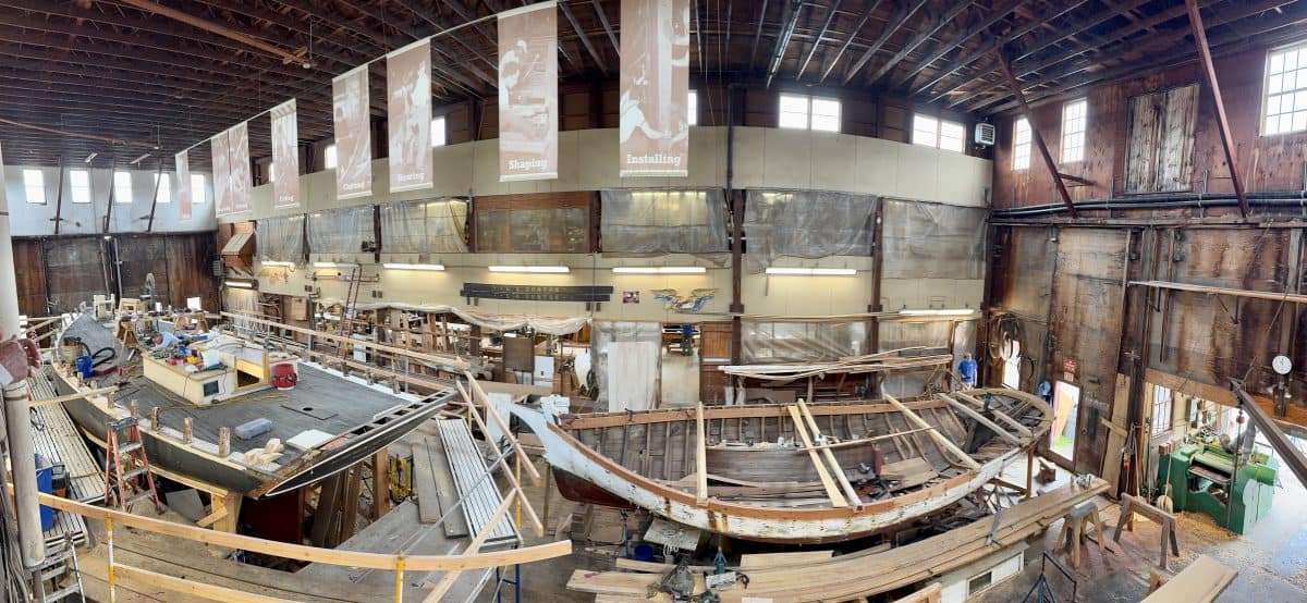 aeril shot of the Emma boat restoration at Mystic Seaport Museum in Mystic, CT
