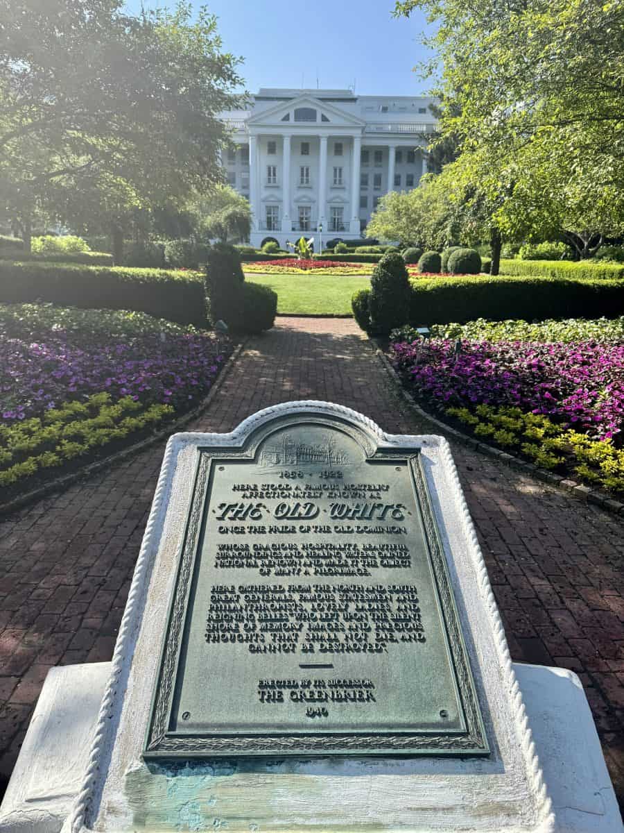 front of the Greenbrier Resort with plaque