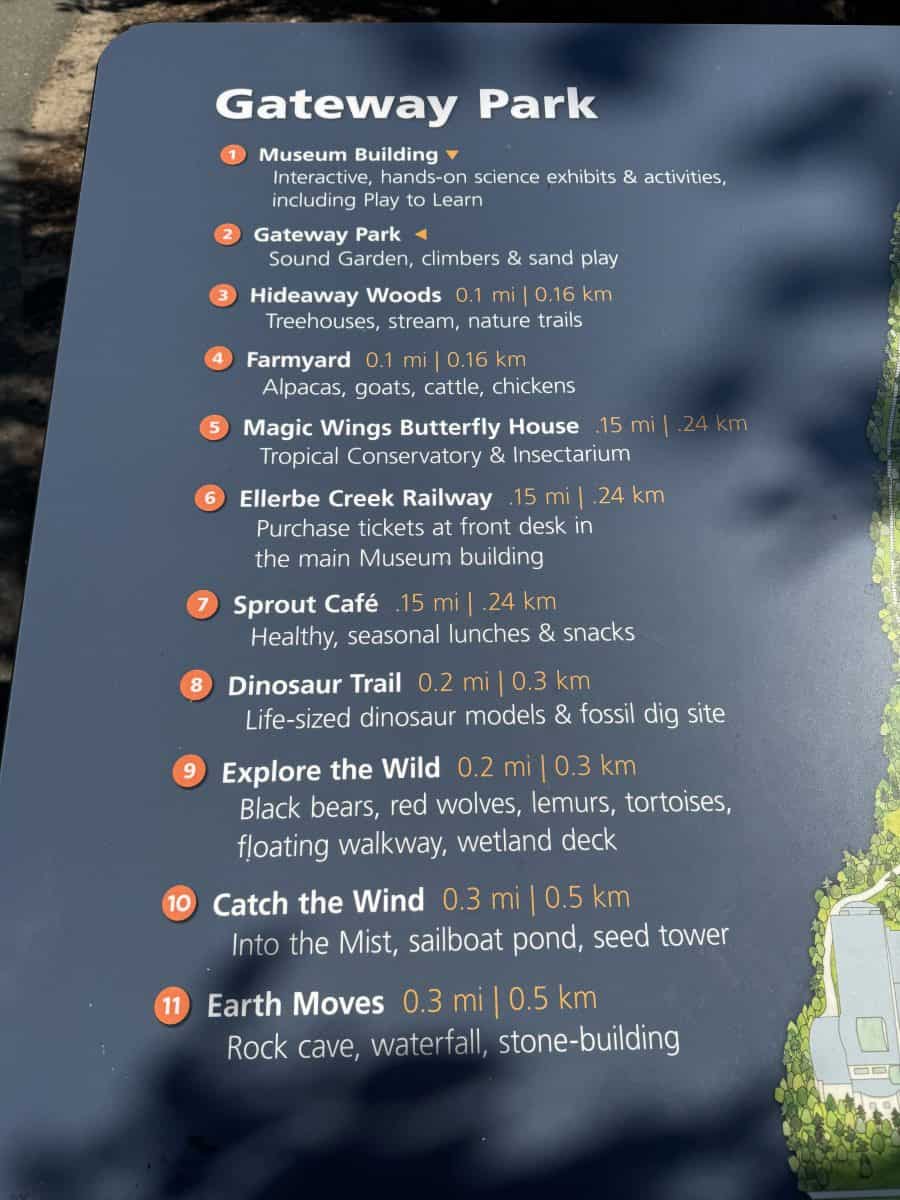 map of distances along the paths throughout the Museum of Life and Science in Durham, NC
