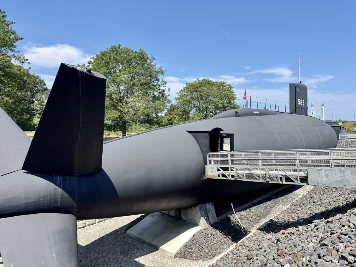 outside the entrance to the pin for USS Albacore submarine in Portsmouth, NH