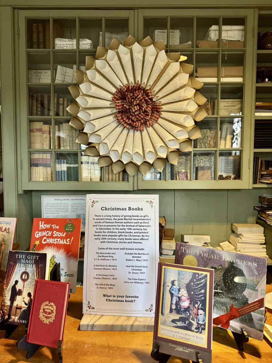 Christmas book display at Christmas by Candlelight at Old Sturbridge Village in Sturbridge, MA
