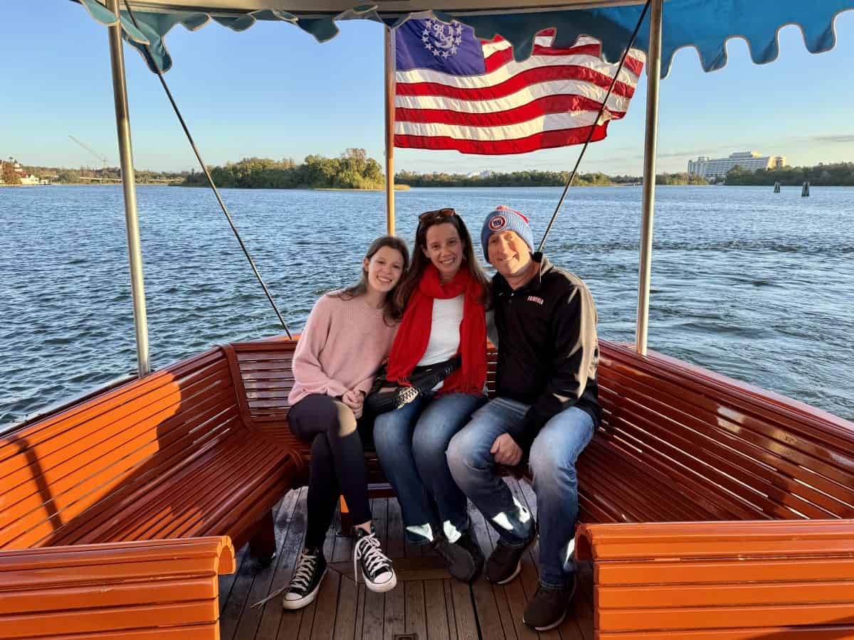 riding the boat on the Seven Seas Lagoon in Disney World in Florida