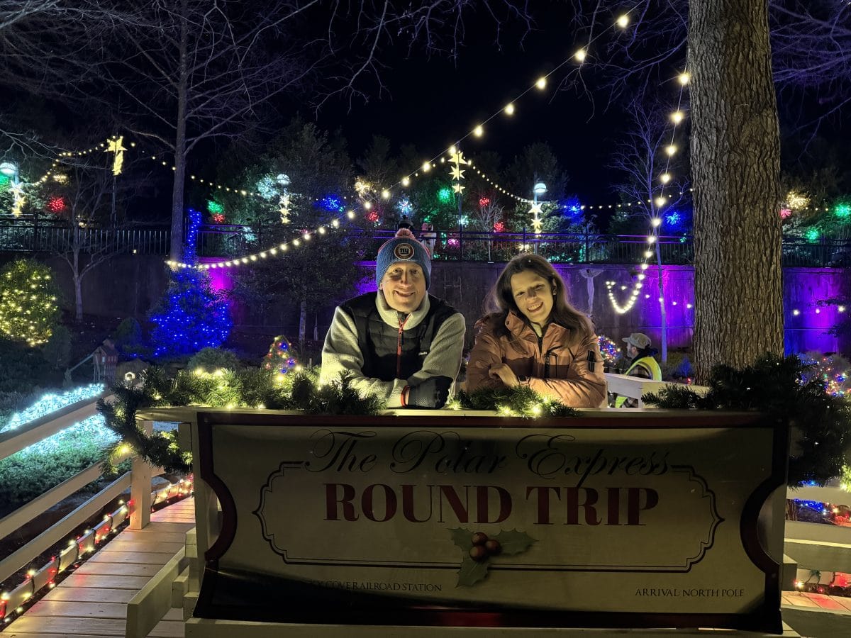 inside the sleigh at Winter Lights at the NC Arboretum in Asheville, NC