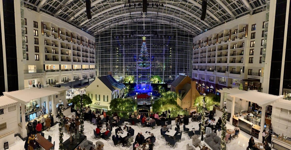 inside the atrium decorated for the holidays at the Gaylord National Resort and Convention Center in National Harbor Maryland