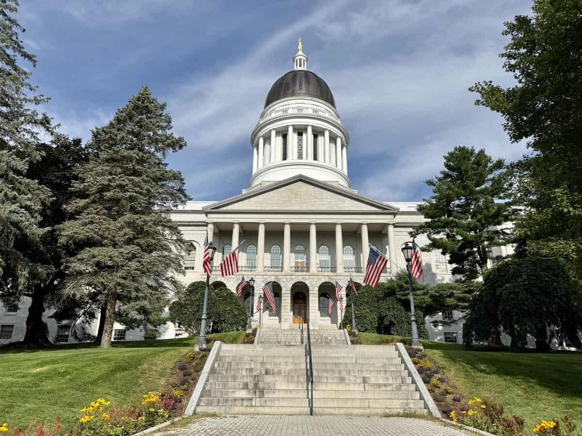 front of Maine State House in Augusta, Maine