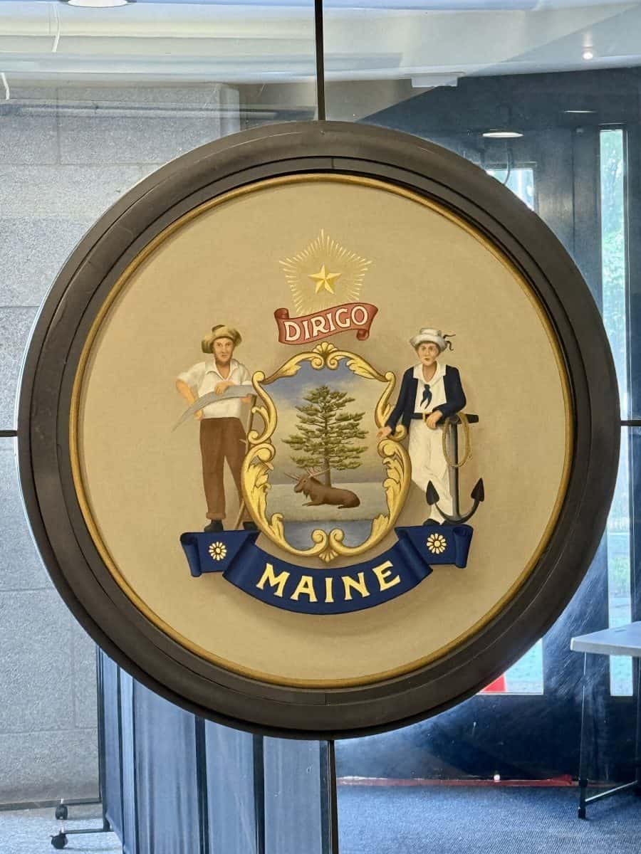 Maine State Seal on display at Maine State House in Augusta, Maine