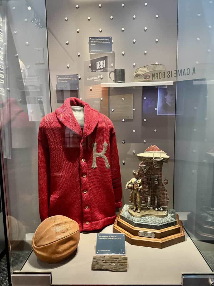 display of the original basketball and trophy in the Basketball Hall of Fame in Springfield, MA