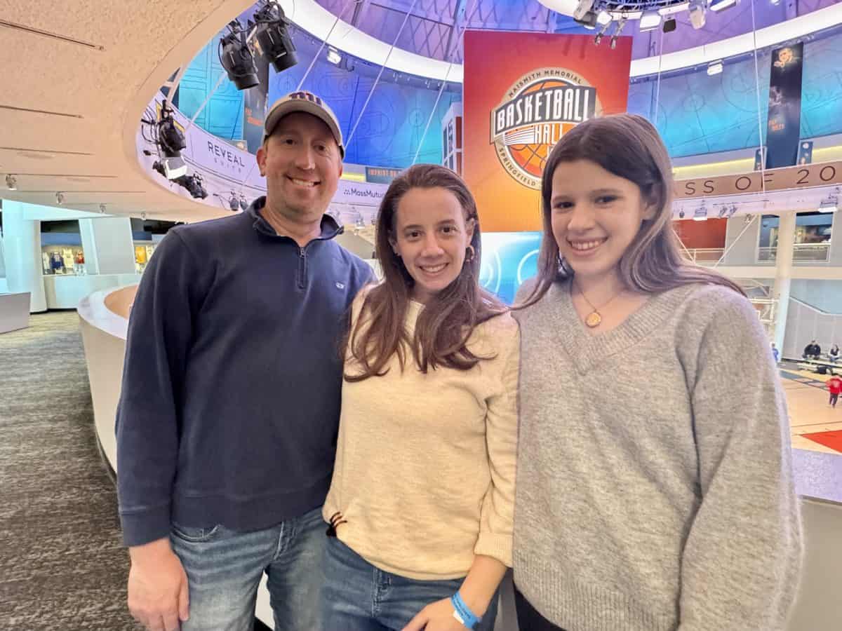 posing on the second floor of the Basketball Hall of Fame in Springfield Massachusetts