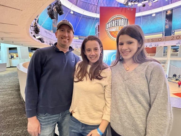 posing on the second floor of the Basketball Hall of Fame in Springfield Massachusetts