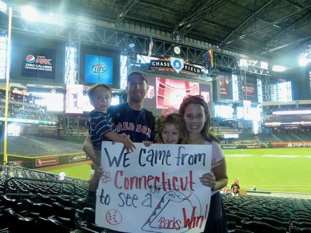 poster inside Arizona Diamondbacks baseball game stating we came from CT to see a win!