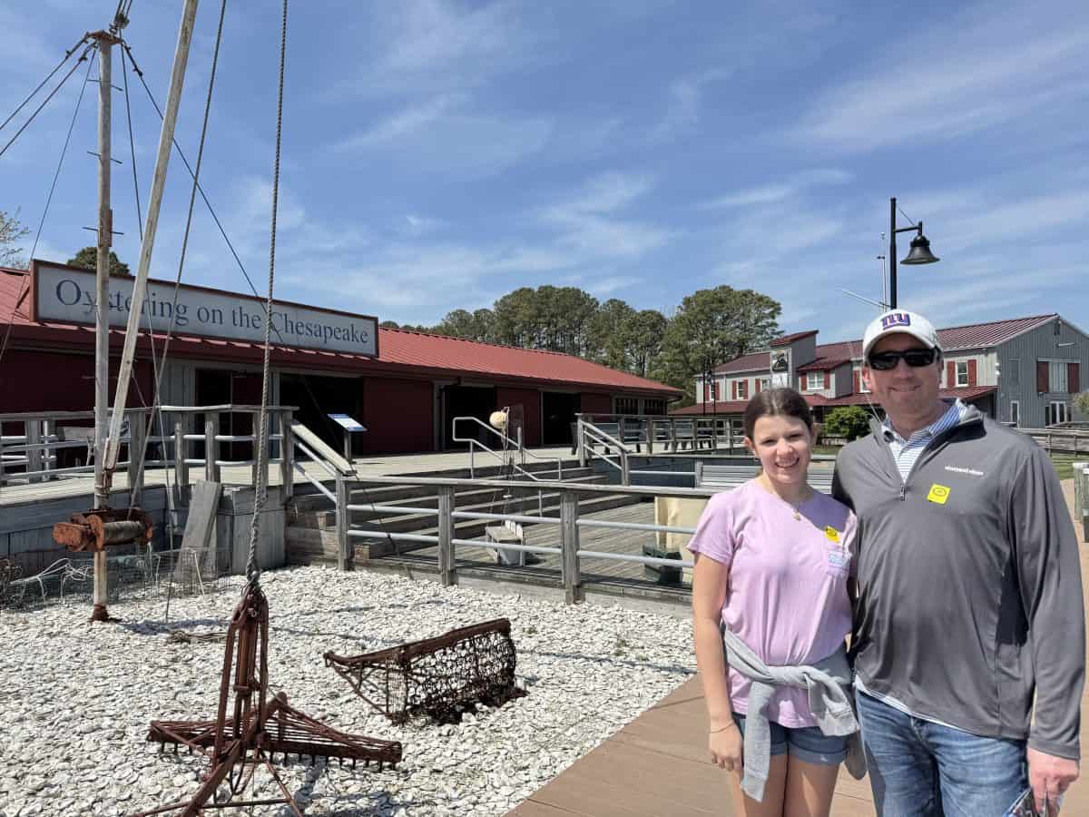 posing outside an exhibit at the Chesapeake Bay Maritime Museum in St Michaels, MD
