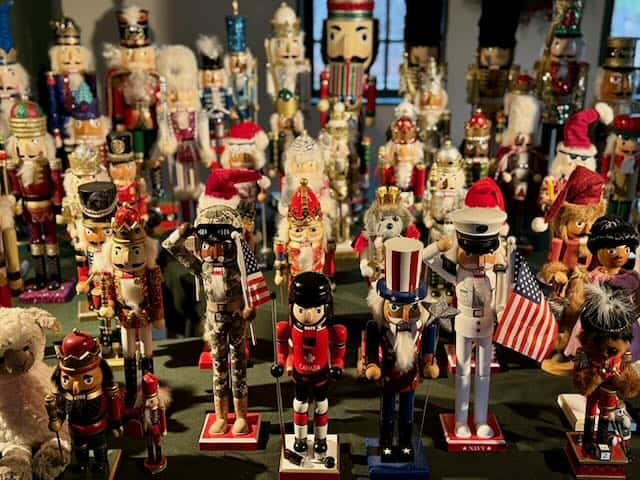 nutcrackers on display at Old Sturbridge Village's Christmas by Candlelight