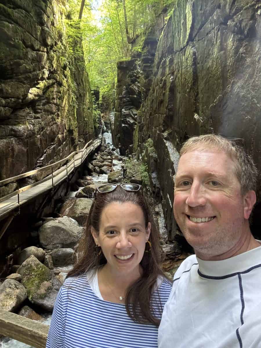 posing on the trail at the Flume Gorge in Lincoln, NH