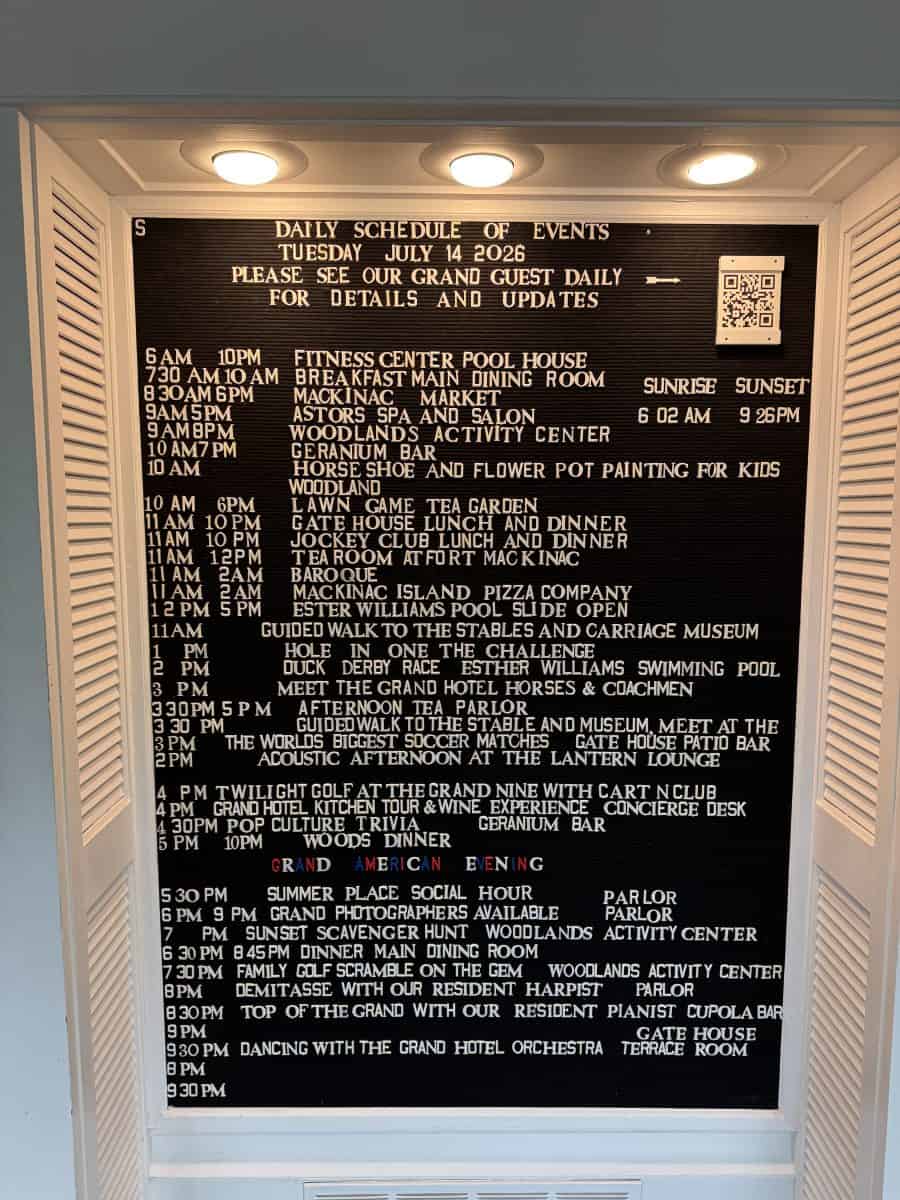 daily schedule at the Grand Hotel on Mackinac Island
