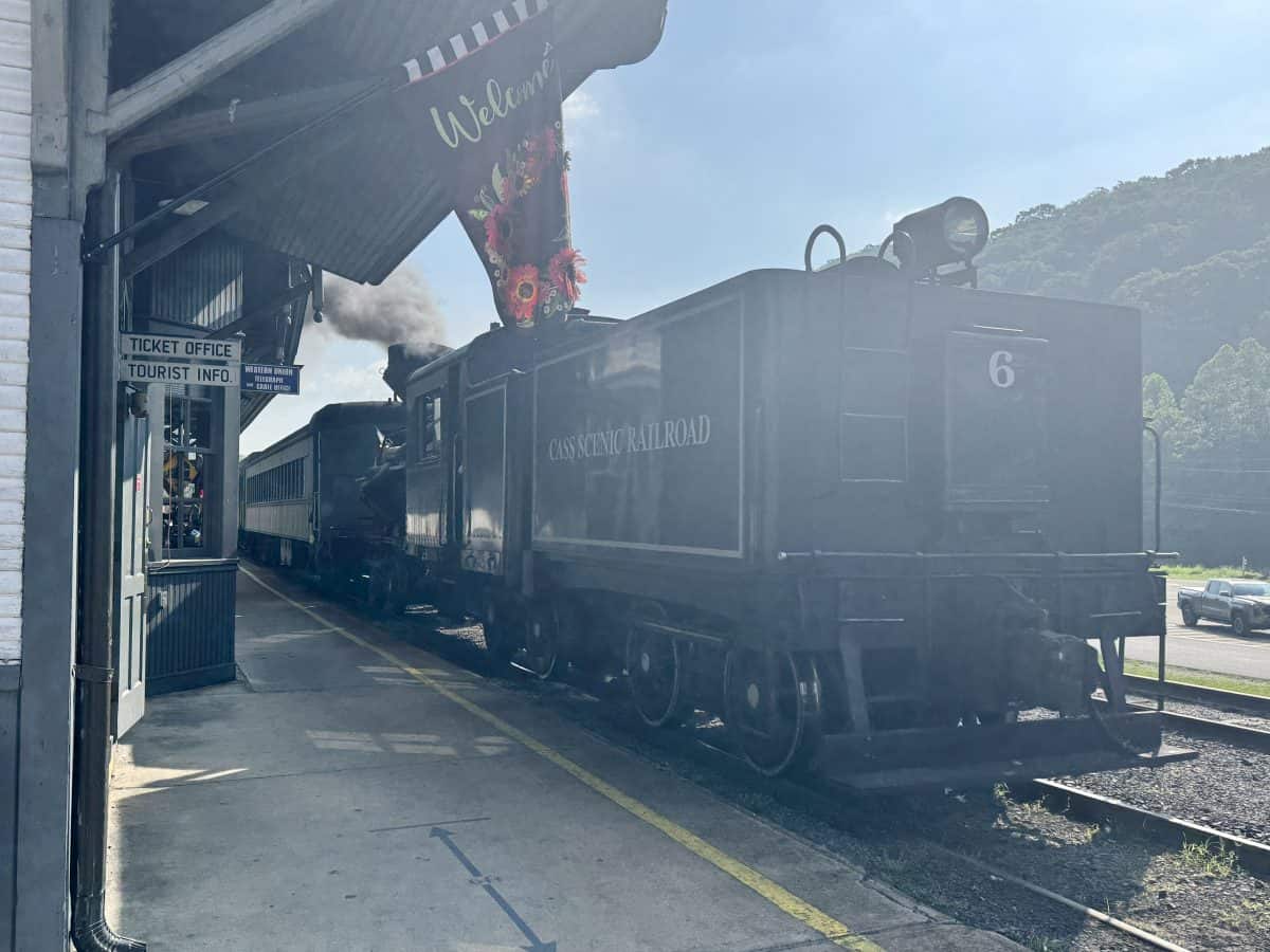 train pulling to Cass Scenic Railroad State Park in WV