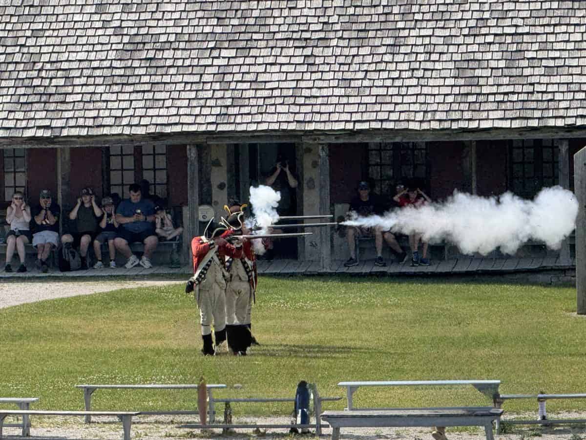 musket firing at the Fort at Colonial Michilimackinac in Maciknaw City, Michigan