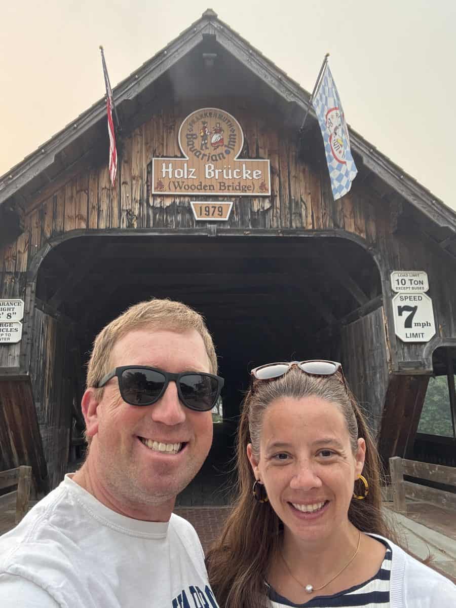 in front of the Covered Bridge in Frankenmuth, Michigan