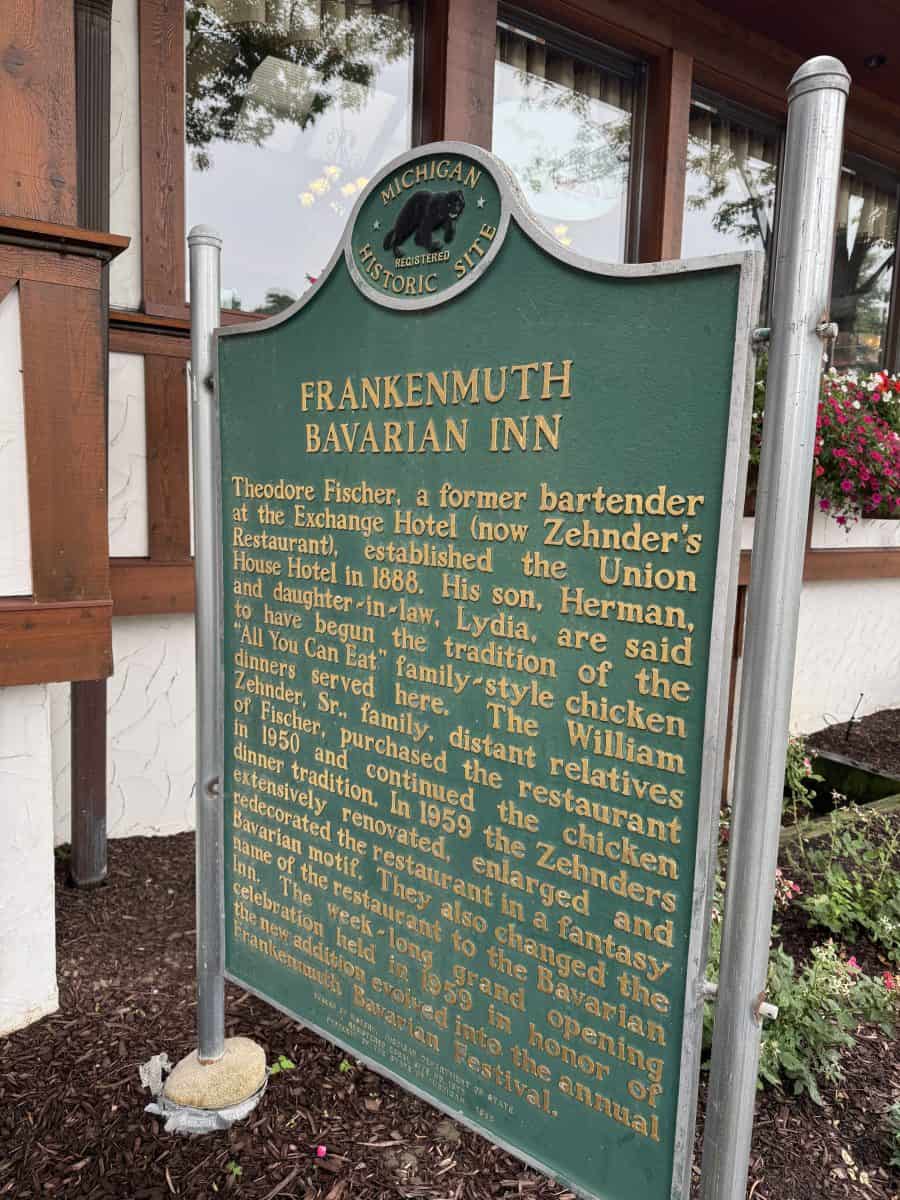 sign about the history of the Bavarian Inn in Frankenmuth, Michigan