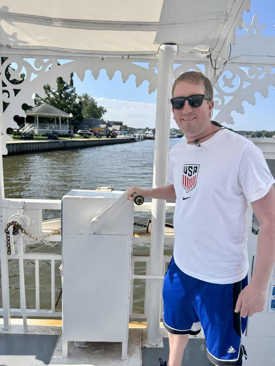 cranking the chain on board the Saugatuck Chain Ferry in Saugatuck, Michigan