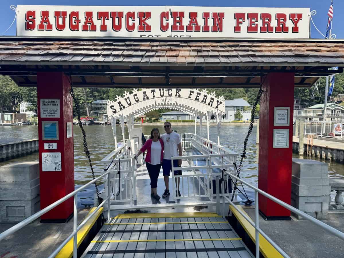 posing in front of the Saugatuck Chain Ferry in Saugatuck Michigan
