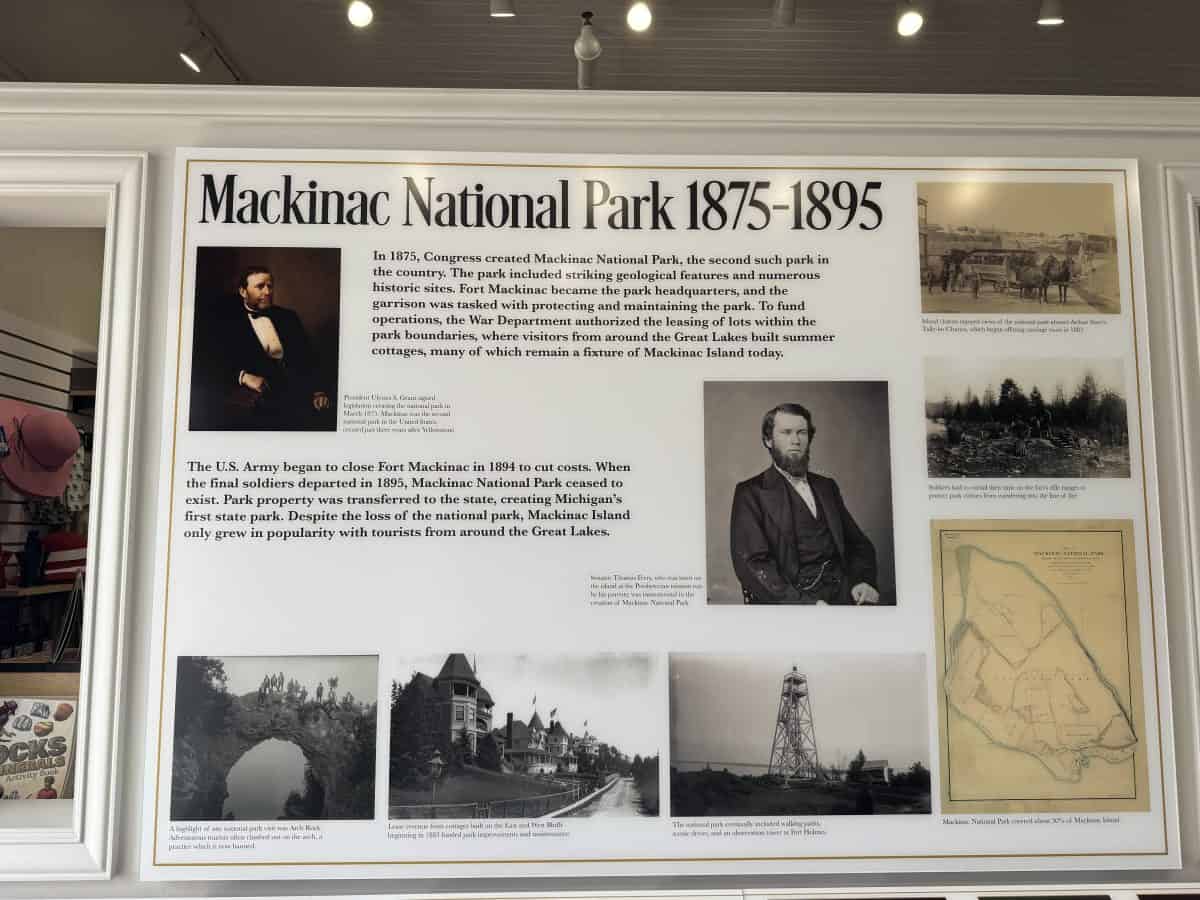 sign about Mackinac National Park at Fort Mackinac on Mackinac Island in Michigan